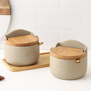 Pote de Temperos de Cerâmica Estilo Japonês com Tampa de Bambu