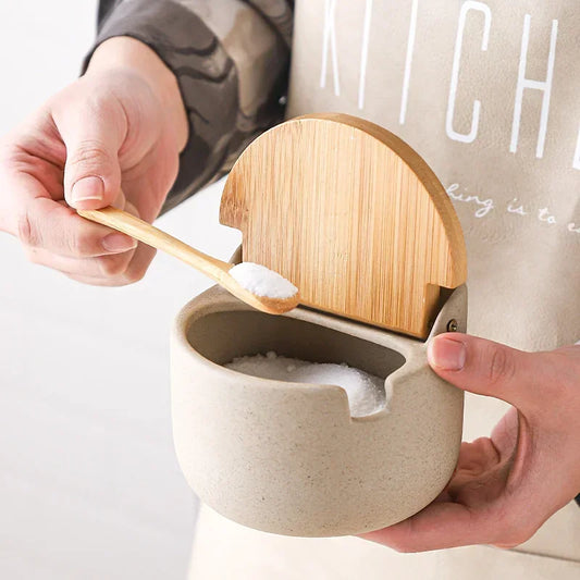 Pote de Temperos de Cerâmica Estilo Japonês com Tampa de Bambu